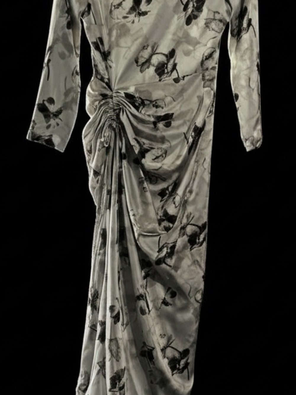 AYNA Satin Maxi Dress in Light Gray with Black Accent